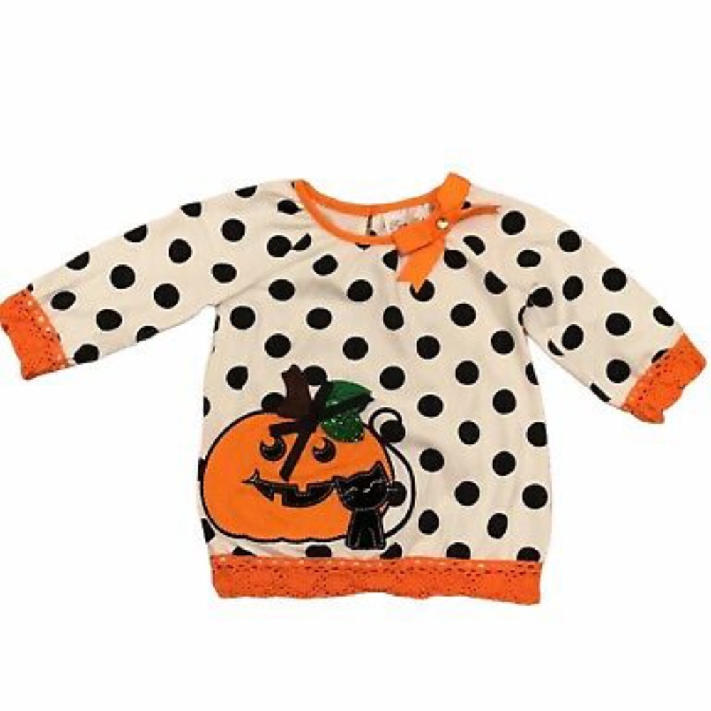 Rare Editions 18M 18 Months Orange Pumpkin Black Cat Polka Dot Halloween Shirt
